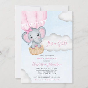 Girl Pink Elephant Baby Shower Invitation