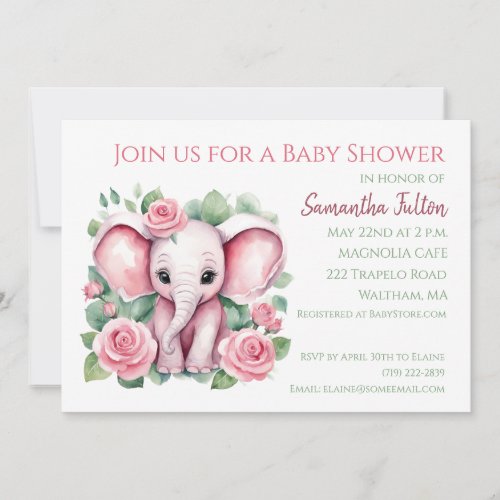 Girl Pink Elephant Roses Baby Shower Invitation 