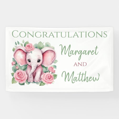 Girl Pink Elephant Roses Baby Shower Party Banner
