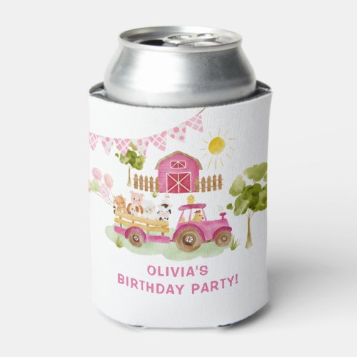 Girl pink farm animals birthday can cooler