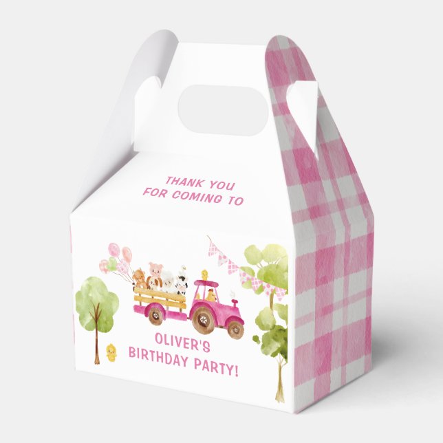 Girl pink Farm animals birthday party Favor Boxes (Front Side)