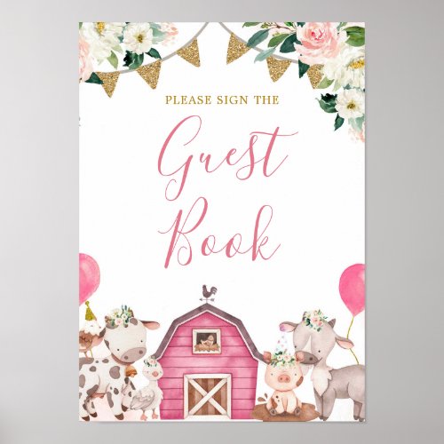 Girl Pink Farm Baby Shower Carousel Guest Book