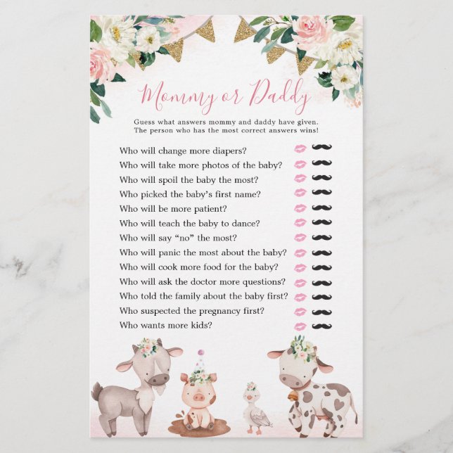 Girl Pink Farm Baby Shower Mommy or Daddy (Front)
