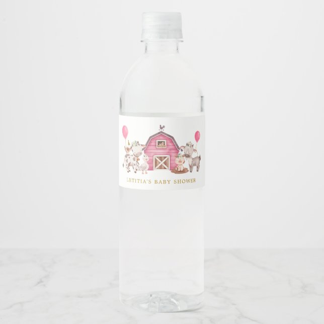 Girl Pink Farm Baby Shower Water Bottle Water Bottle Label (Front)