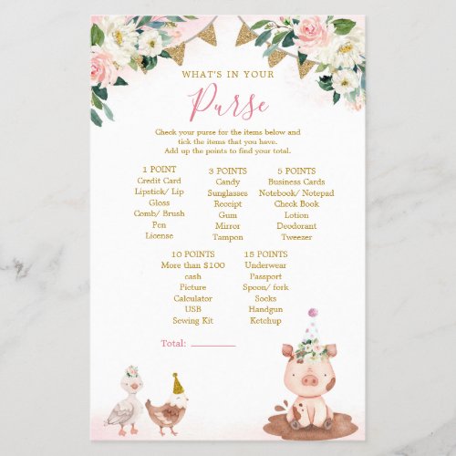 Girl Pink Farm Baby Shower What's In Your Purse