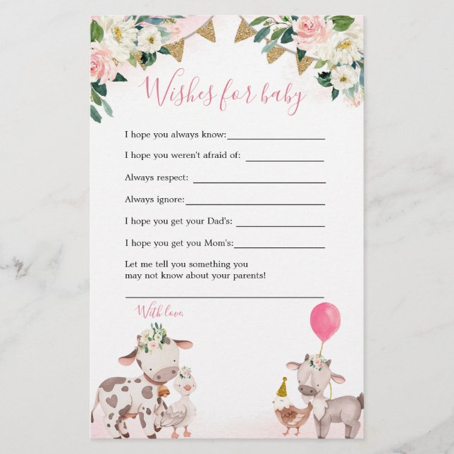Girl Pink Farm Baby Shower Wishes For Baby (Front)