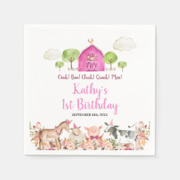 Girl Pink Farm House Animals Barnyard 1st Birthday Napkins