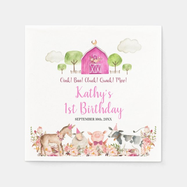 Girl Pink Farm House Animals Barnyard 1st Birthday Napkins (Front)