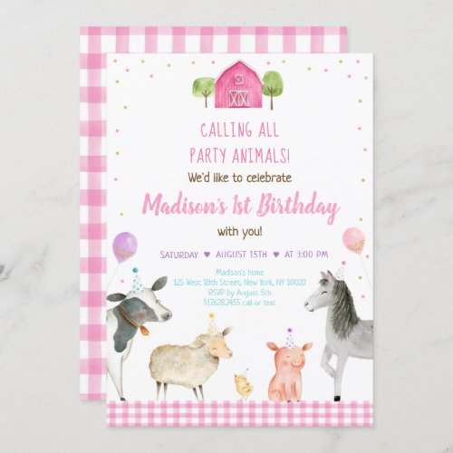 Girl Pink Farm Party Animal Birthday Invitation