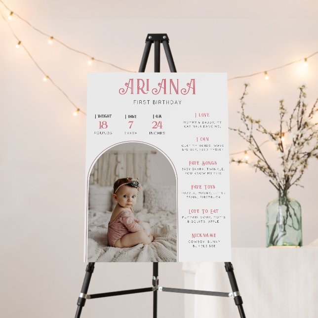 Girl Pink First Birthday Milestones Sign (In Situ (Stand))