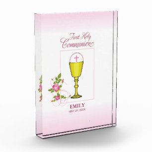 Girl Pink First Holy Communion, Chalice, Host, Ros Acrylic Award