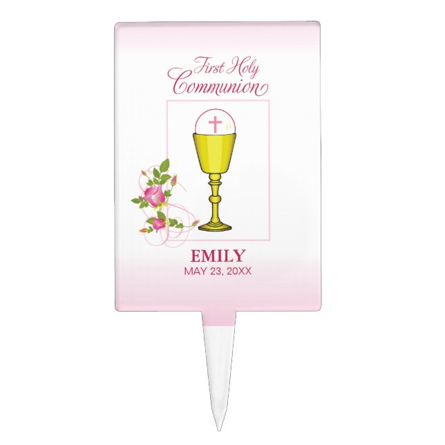 Girl Pink First Holy Communion, Chalice, Host, Ros Cake Topper (Front)