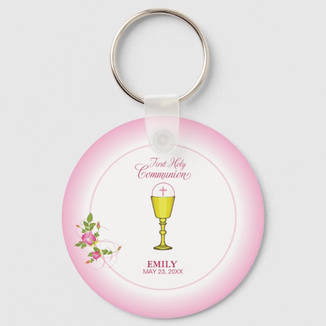 Girl Pink First Holy Communion, Chalice, Host, Ros Keychain (Front)