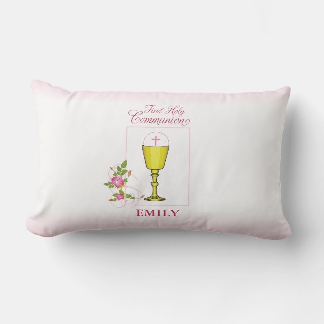 Girl Pink First Holy Communion, Chalice, Host, Ros Lumbar Pillow (Front)
