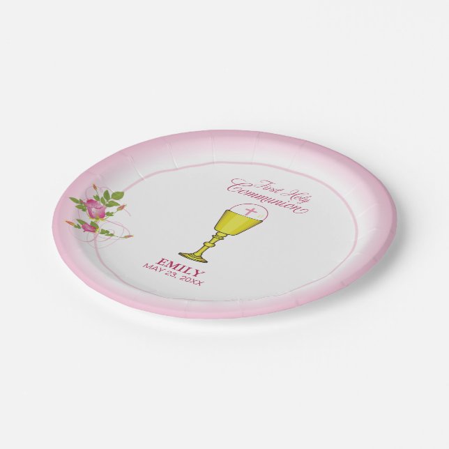 Girl Pink First Holy Communion, Chalice, Host, Ros Paper Plates (Angled)