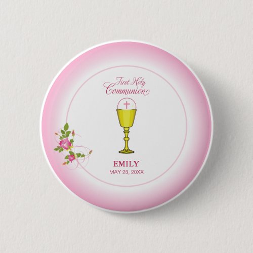 Girl Pink First Holy Communion Chalice Host Ros Pinback Button