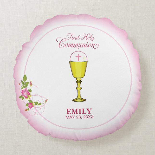 Girl Pink First Holy Communion, Chalice, Host, Ros Round Pillow (Front)