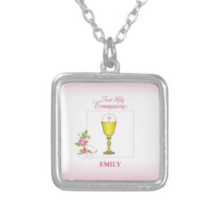 Girl Pink First Holy Communion, Chalice, Host, Ros Silver Plated Necklace