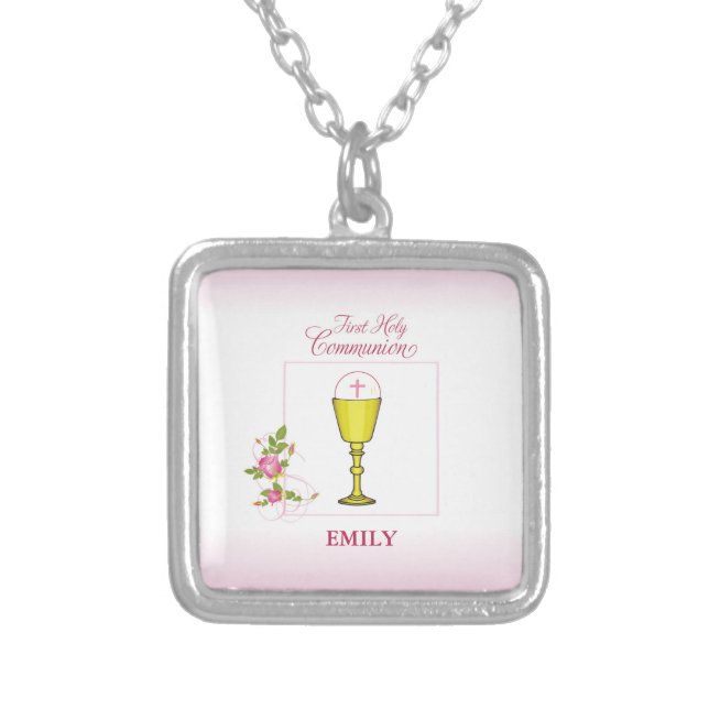 Girl Pink First Holy Communion, Chalice, Host, Ros Silver Plated Necklace (Front)
