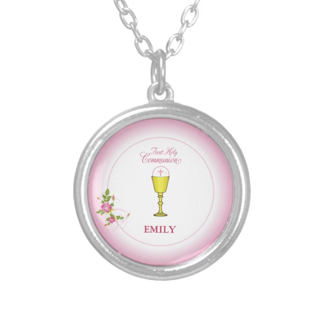 Girl Pink First Holy Communion, Chalice, Host, Ros Silver Plated Necklace (Front)
