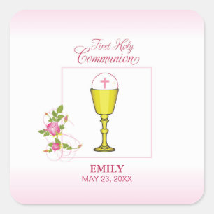 Girl Pink First Holy Communion, Chalice, Host, Ros Square Sticker