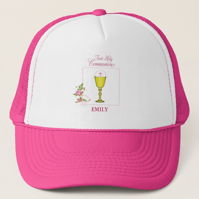 Girl Pink First Holy Communion, Chalice, Host, Ros Trucker Hat (Front)