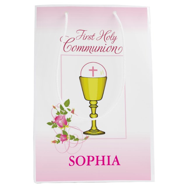 Girl Pink First Holy Communion Chalice Host Roses Medium Gift Bag (Front)