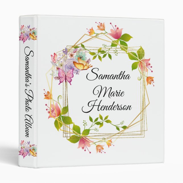 Girl Pink Floral Butterfly Wreath 3 Ring  Binder (Front/Spine)