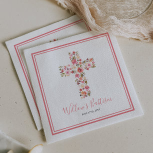 Girl Pink Floral Cross Babtism Communion Napkins