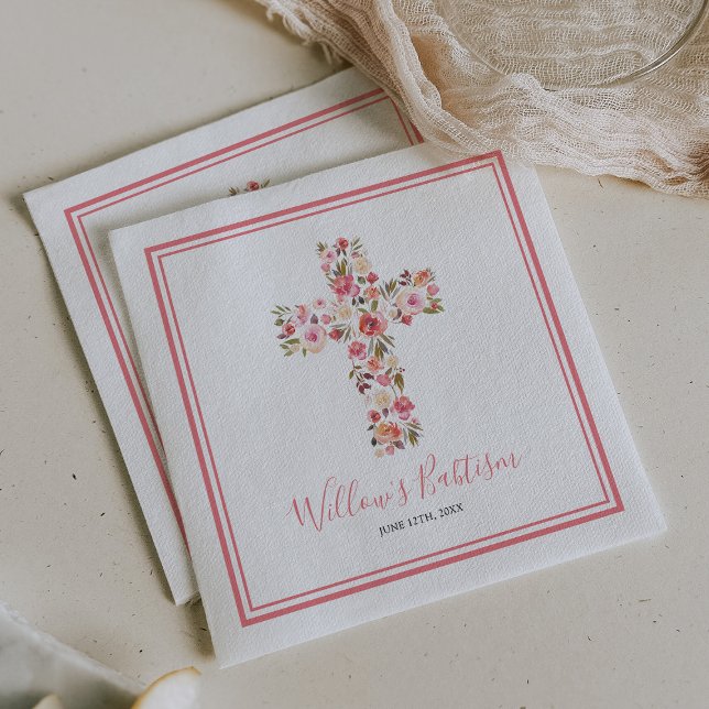 Girl Pink Floral Cross Babtism Communion Napkins (Creator Uploaded)