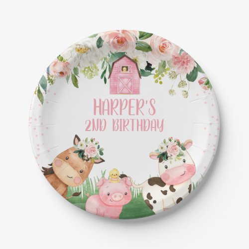 Girl Pink Floral Farm Birthday Party Plate