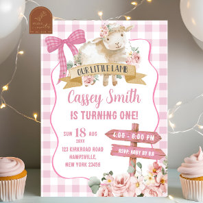 Girl Pink Floral Lamb First Birthday Invitation