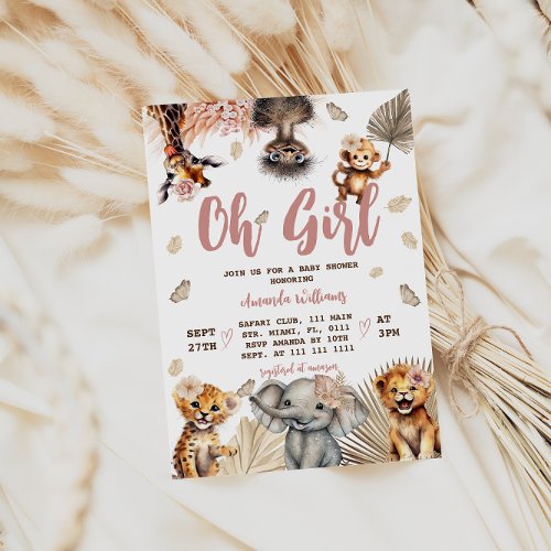 Girl Pink Floral Safari Animals Boho Baby Shower Invitation