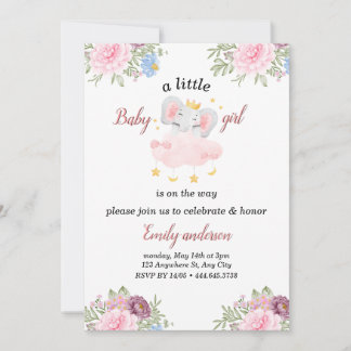 Girl Pink Flowers Elephant Baby Shower Invitation