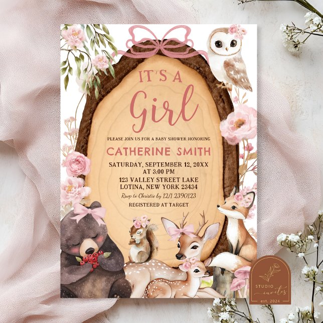 Girl Pink Forest Woodland Animal Baby Shower Invit Invitation (Creator Uploaded)
