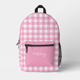 Girl Pink Gingham Pattern Personalized Name Printed Backpack