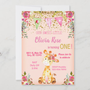 Girl pink giraffe 1st birthday invitation. invitation