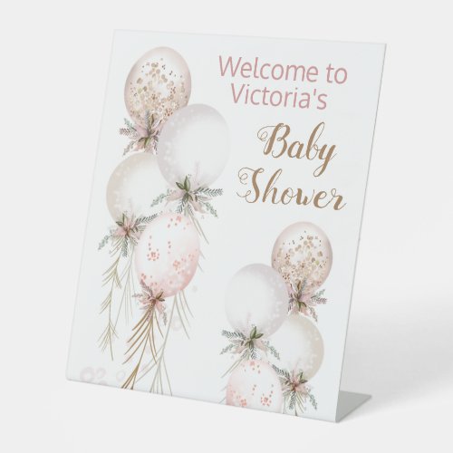 Girl Pink Gold Balloon Baby Shower Welcome Table Pedestal Sign