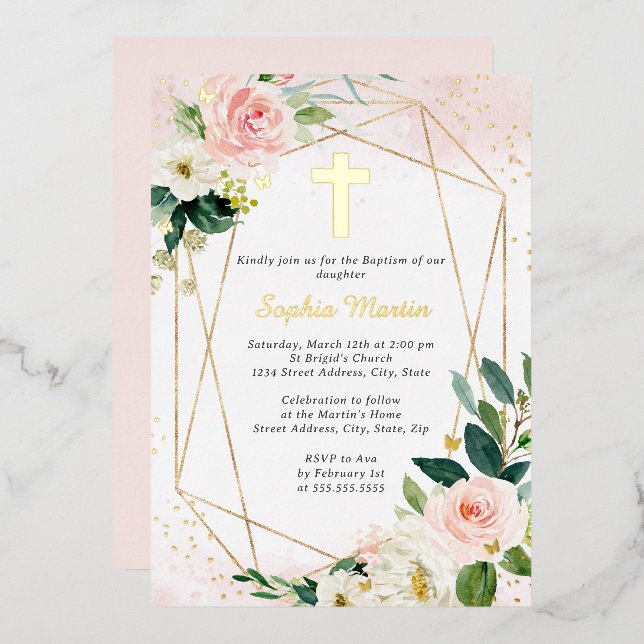 Girl Pink Gold Cross Floral Baptism  Foil Invitation (Front/Back)