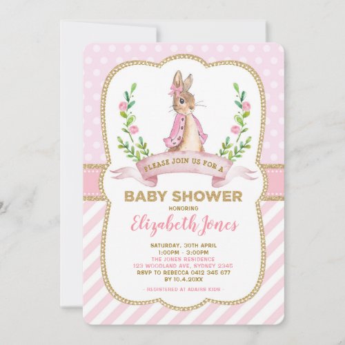 Girl Pink Gold Floral Bunny Rabbit Baby Shower Invitation