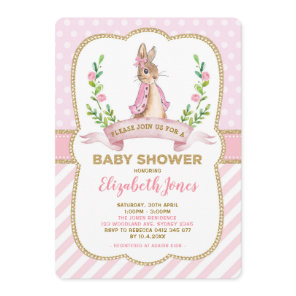 Girl Pink Gold Floral Bunny Rabbit Baby Shower Invitation