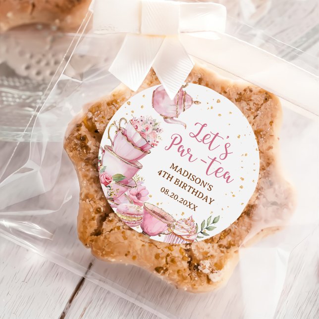 Girl Pink & Gold Floral Tea Party Birthday Classic Round Sticker (Creator Uploaded)