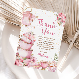 Girl Pink & Gold Floral Tea Party Birthday Thank You Card