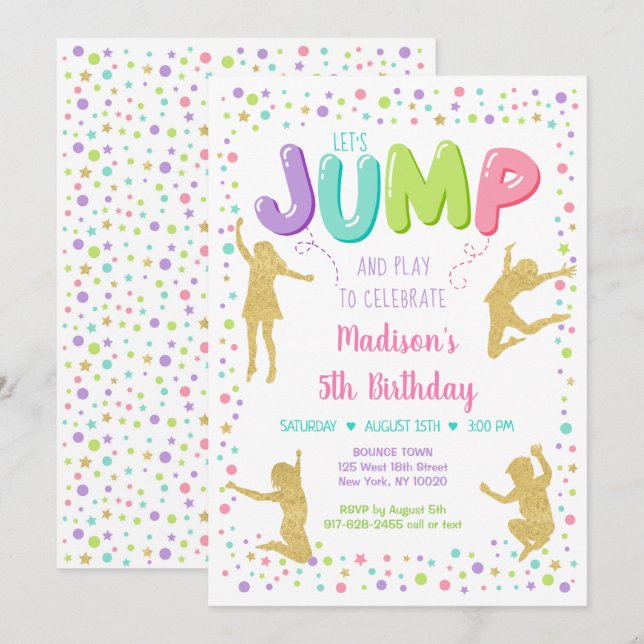 Girl Pink Gold Rainbow Jump Bounce Party Birthday Invitation (Front/Back)