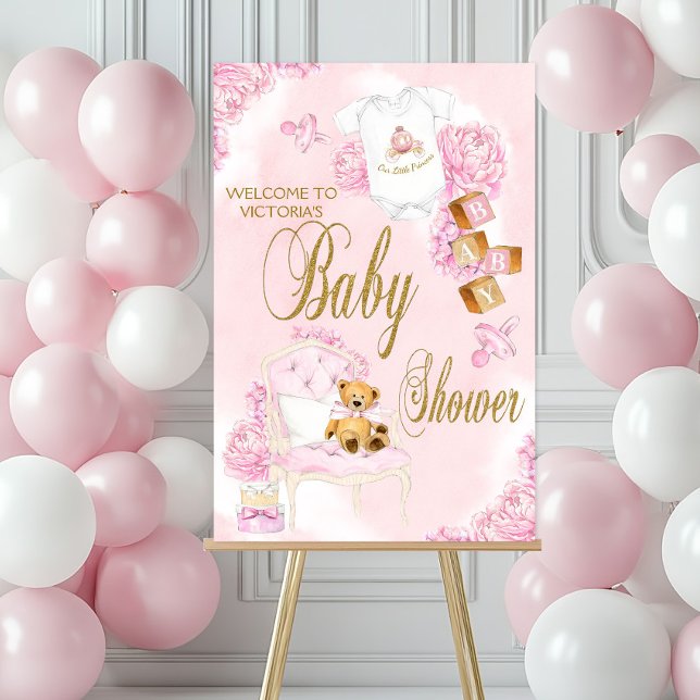 Girl Pink Gold Watercolor Baby Shower Sign (Pink and gold baby shower welcome sign with cute baby things. Simply add your event details.)