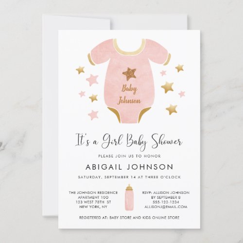 Girl Pink Gold Watercolor Retro Baby Shower Invitation