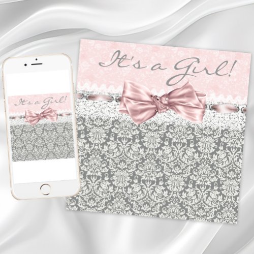 Pink Gray Damask Pink Gray Baby Girl Shower Announcements