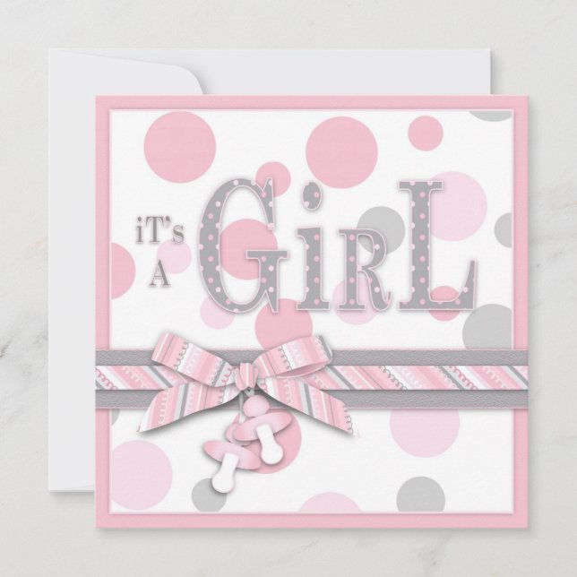 GIRL Pink Gray Dots Baby Shower Invitation (Front)