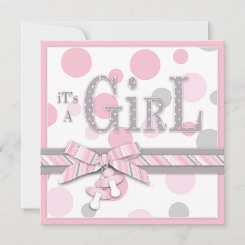 GIRL Pink Gray Dots Baby Shower Custom Invitations