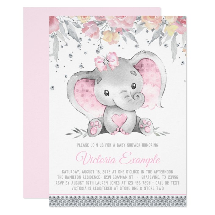 pink and gray elephant baby shower invitations
